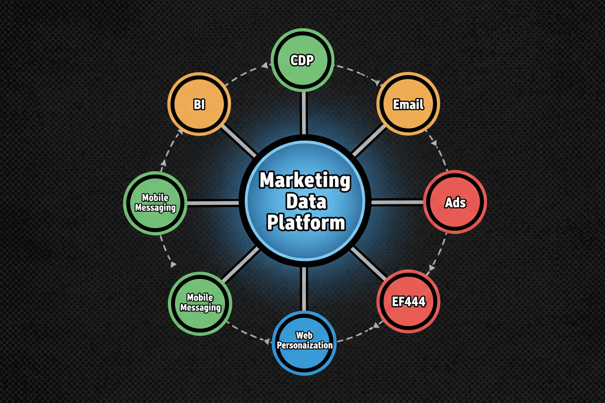 A hub-and-spoke ecosystem map centered on a marketing data platform; spokes connect to partner categories (CDP, email, ads, web personalization, mobile messaging, BI), with labels indicating API connectors and event streams