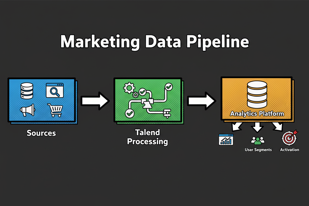 A flow diagram from multiple data sources (CRM, web analytics, ad platforms, POS) into Talend pipelines with transformations and quality checks, then into a central marketing data platform; downstream arrows feed analytics dashboards, segmentation, and activation