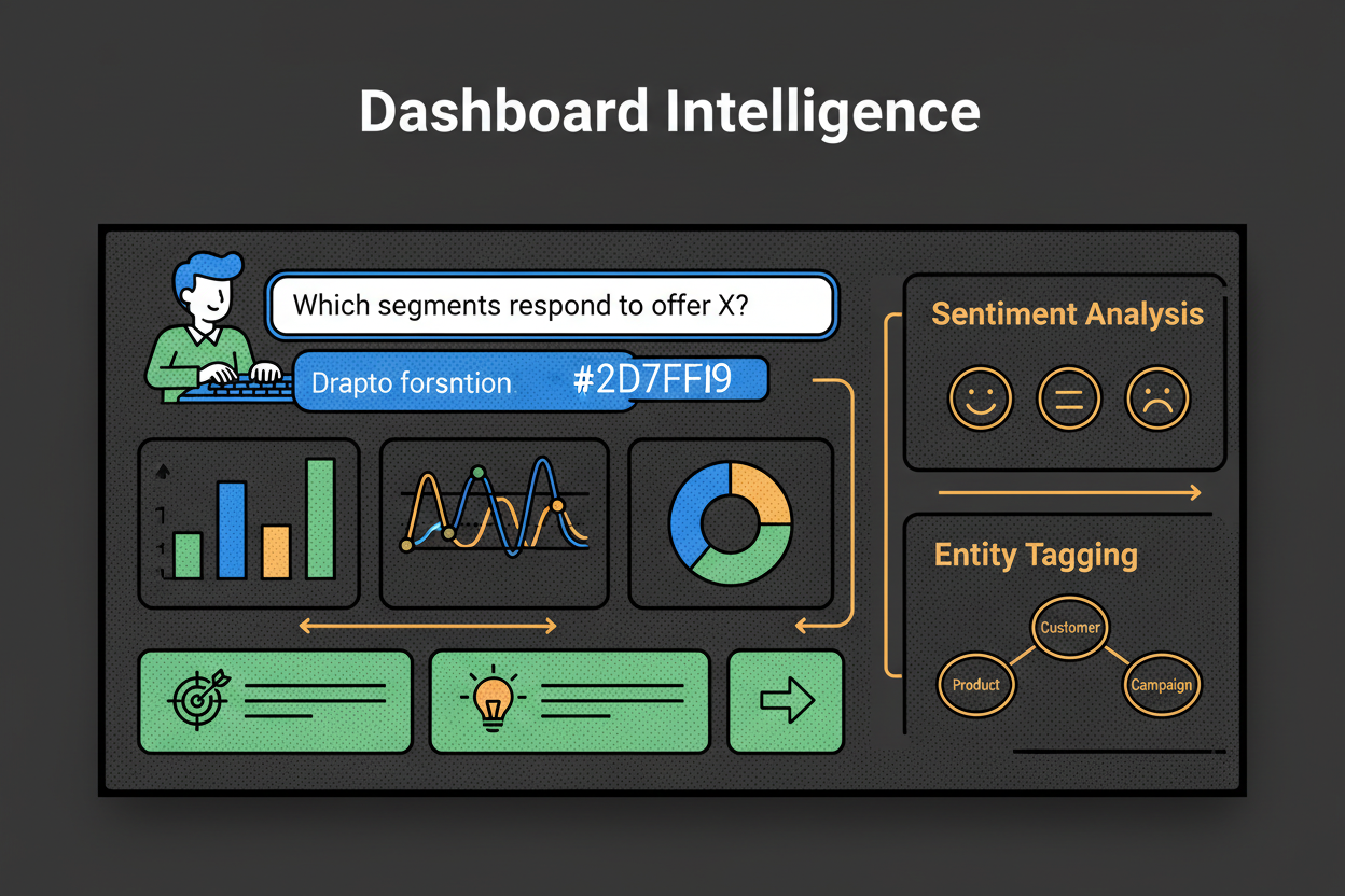 A dashboard interface mockup where a marketer types a natural-language question (“Which segments respond to offer X?”) and receives charts and recommended actions; side panel shows sentiment extraction and entity tagging