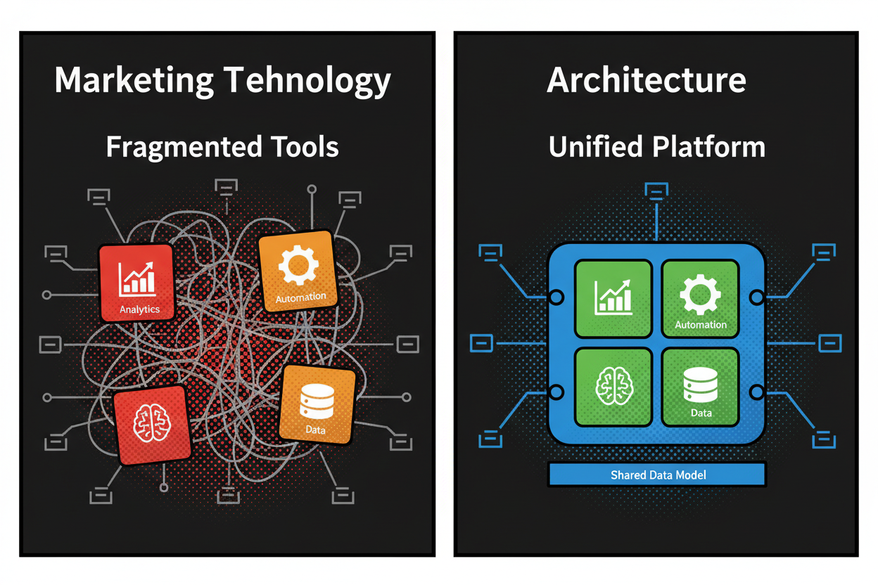 Side-by-side panels: left shows fragmented tools (separate analytics, automation, AI, data store) connected with tangled lines; right shows a unified platform layer with integrated modules and a single data model, simplified connectors to external channels