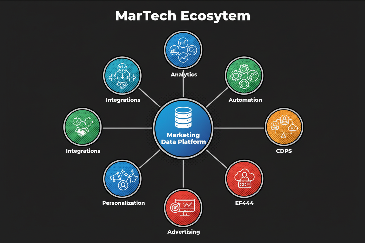 A clean market map of the MarTech ecosystem showing categories like data platforms, analytics, automation, CDPs, advertising tech, personalization, and integrations; each category includes illustrative logo-style icons for major players arranged in clusters with connecting lines to a central “Marketing Data Platform” hub