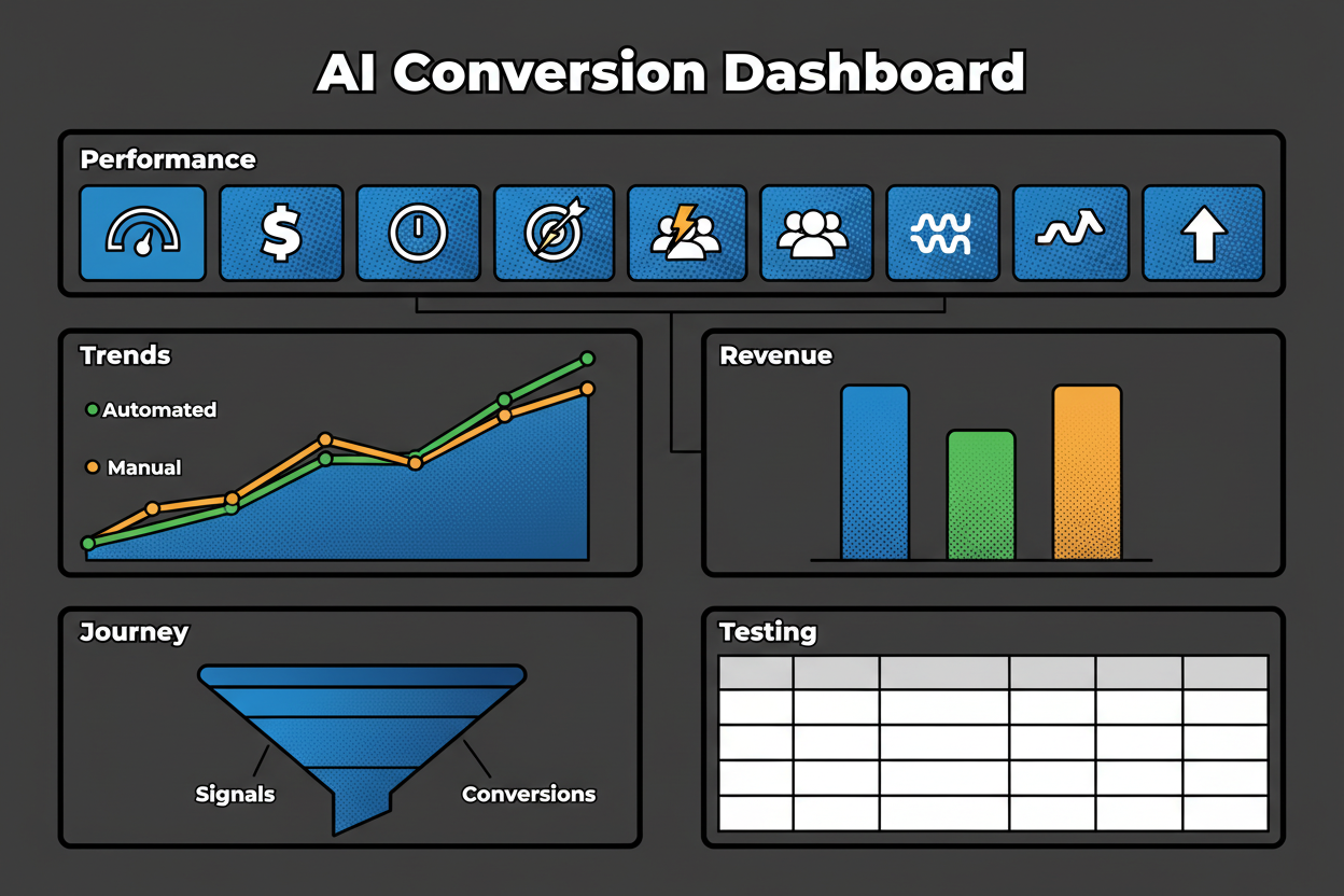 A wide dashboard screen with top-row KPI tiles labeled Conversion Rate, Incremental Revenue, Time-to-Deploy, Precision/Recall, P95/P99 Latency, Audience Reach, Model Drift Index, and Test Uplift; a middle row line chart comparing Automated vs Manual conversion trends; a right-side bar chart showing revenue by signal type (pricing revisit, calculator use, abandoned application); a bottom-row funnel from Signals Detected → Actions Fired → Conversions and a small A/B table showing variant performance with confidence bands