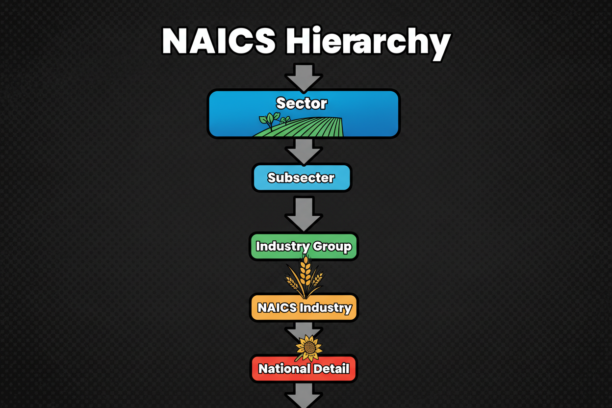 Tree diagram showing the NAICS hierarchy from 2 to 6 digits