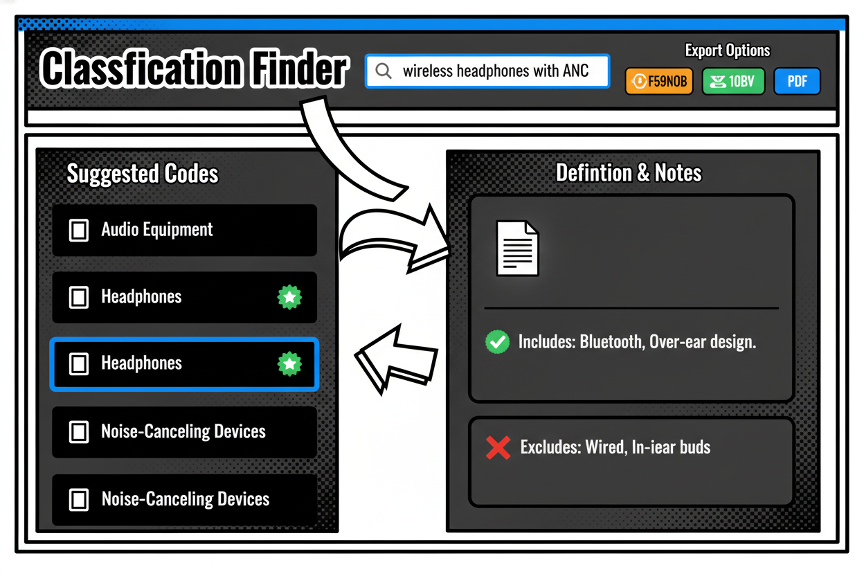 Mock interface of the Online Classification Finder with callouts: 1) search input containing 'wireless headphones with ANC'; 2) left pane showing suggested codes with confidence badges; 3) right pane showing selected code definition, notes, and exclusions; 4) top-right export buttons for copy, CSV, and PDF