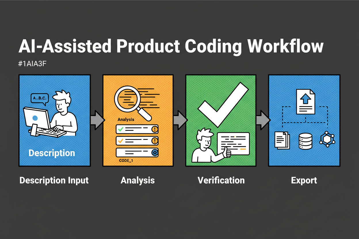 Four-step workflow showing a user typing a product description on the left, flowing through a magnifying glass icon to a list of suggested codes with confidence badges, then a checkmark for verification, and finally an export icon to documents and systems