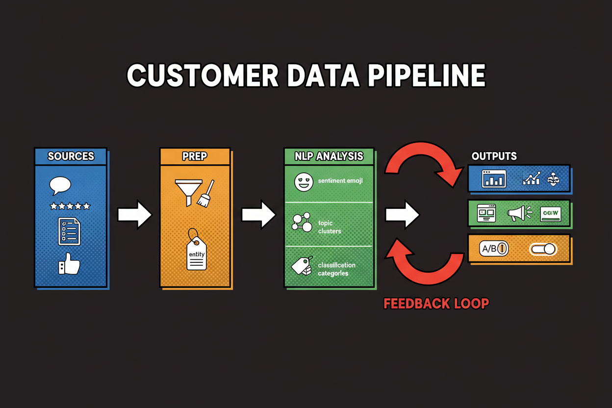 A left-to-right pipeline: icons of data sources (chat bubbles for live chat, star-rated reviews, survey sheets, social media logos) flowing into a “Data Prep” box (filters and broom icon), then into an “NLP Layer” box subdivided into Sentiment, Topics, Entities, Classification, then branching to three output boxes labeled “Dashboards & Alerts” (charts), “Activation” (CRM/MAP/Ads icons), and “Experimentation” (A/B test toggle). Color-coding shows feedback loops from Activation and Experimentation back into Data Prep for continuous improvement.