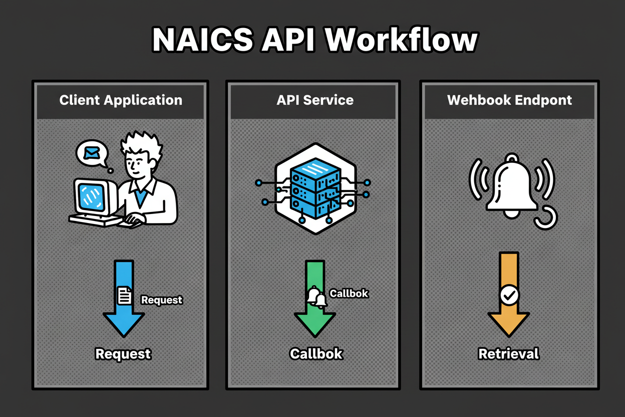 Sequence diagram of NAICS API request, webhook callback, and result retrieval