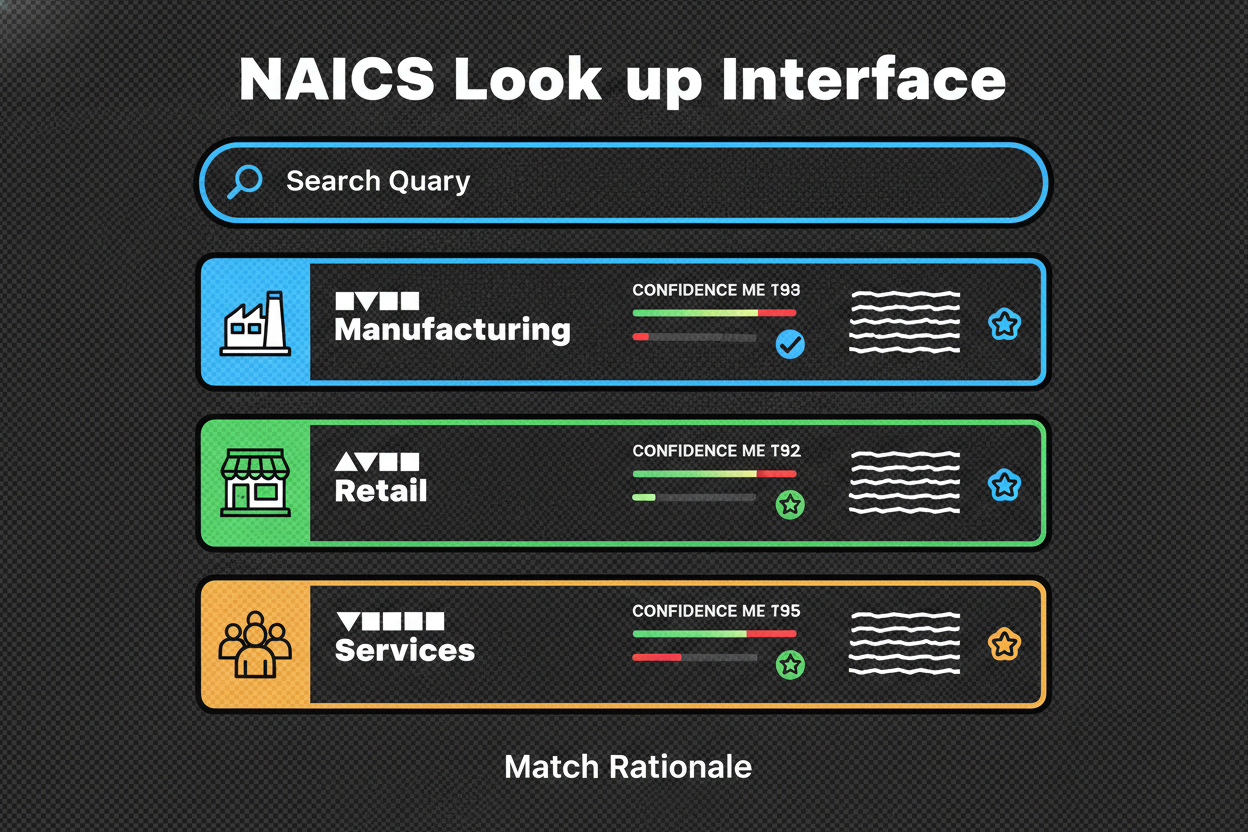 NAICS code lookup interface showing search results with confidence scores and rationale
