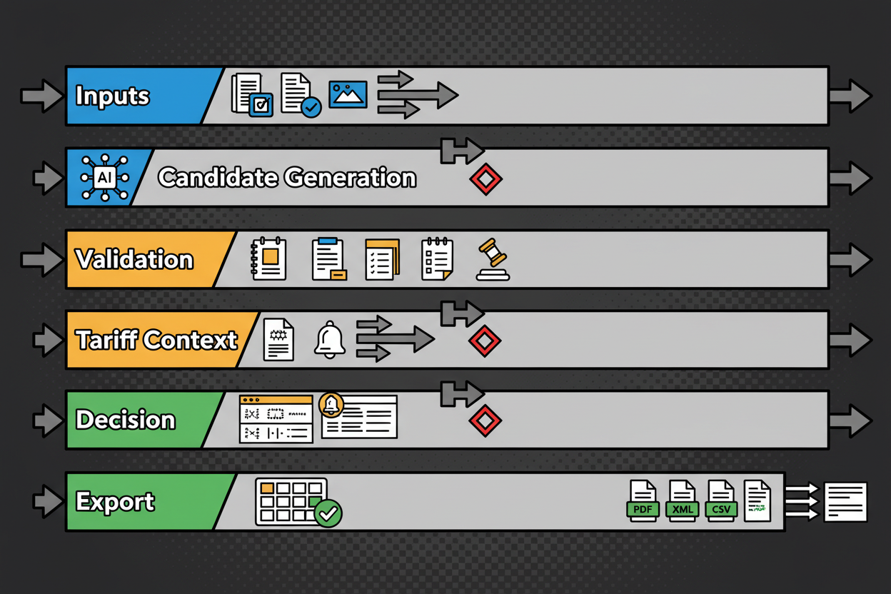 A clean, horizontal swimlane diagram showing the full customs classification workflow: Lane 1 (Inputs) with stacked cards for 'Natural-language product descriptions', 'Specs', 'Images'; Lane 2 (Candidate Generation) with AI search nodes suggesting 3-5 HS headings; Lane 3 (Validation) with icons for 'GRI 1-6', 'Section/Chapter Notes', 'Explanatory Notes', 'Rulings'; Lane 4 (Live Tariff Context) with a side panel showing 'MFN rate', 'Preferential rate', 'AD/CVD', 'TRQ fill rate', 'Safeguards', and a bell icon for 'Amendments'; Lane 5 (Decision) with a comparison matrix icon and a checkmark over the selected HS code; Lane 6 (Export) with file icons 'CSV', 'XLSX', 'JSON' and connectors to 'ERP', 'Broker', 'BI Dashboard'. Each lane labeled; arrows connect left to right; key decision points marked with small diamond icons.