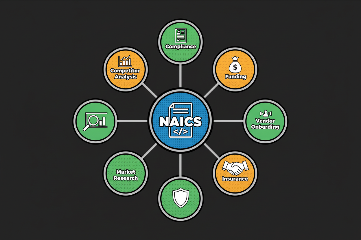 Circular infographic centered on 'NAICS code' with radiating spokes labeled 'Compliance forms', 'Funding and grants', 'Vendor onboarding', 'Insurance and risk', 'Market research', 'Competitor benchmarking'