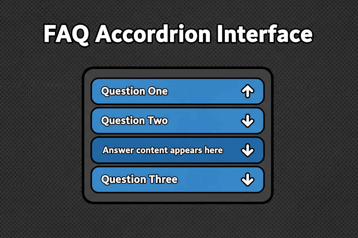 FAQ accordion styling mock with collapsible questions and short answers, styled in a clean UI panel