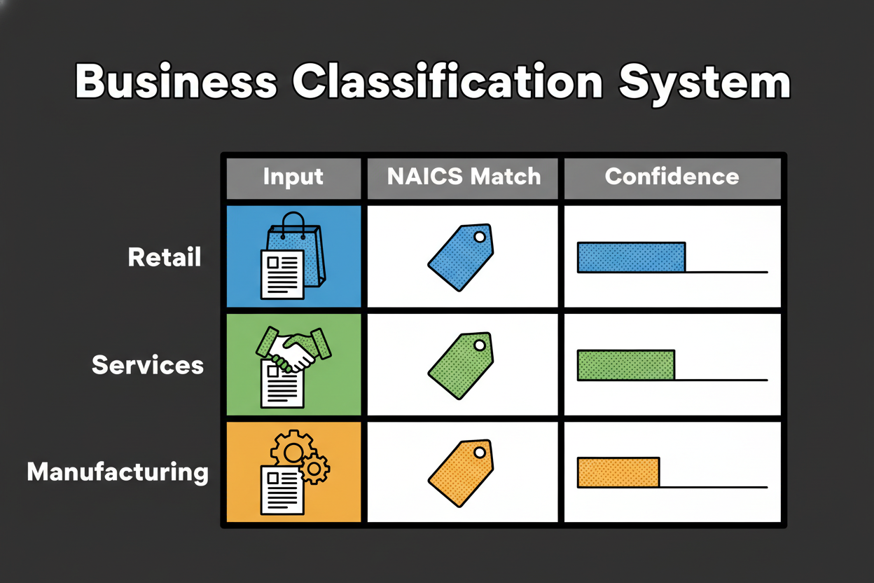 Table-style graphic with three rows: retail, services, manufacturing. Each row shows the input description, the recommended NAICS title and code, and a confidence score represented by a bar