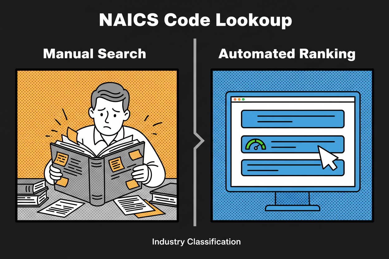 Split-screen illustration showing on the left a person scrolling through a thick industry code book with sticky notes, and on the right a clean web interface returning a ranked NAICS result instantly with a visible confidence score gauge