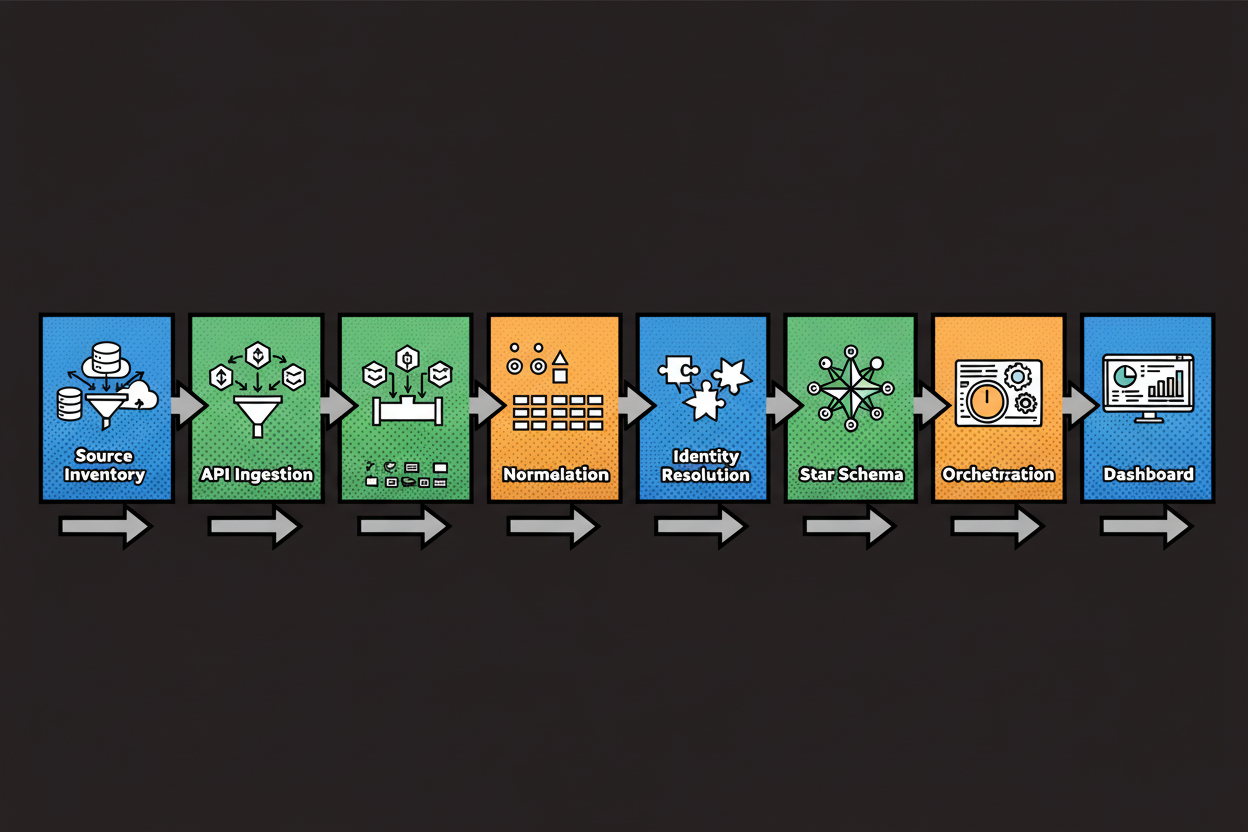 Seven-tile storyboard where each tile depicts a stage: source inventory, API ingestion, normalization, identity resolution, star schema modeling, scheduled orchestration, and a final unified marketing dashboard