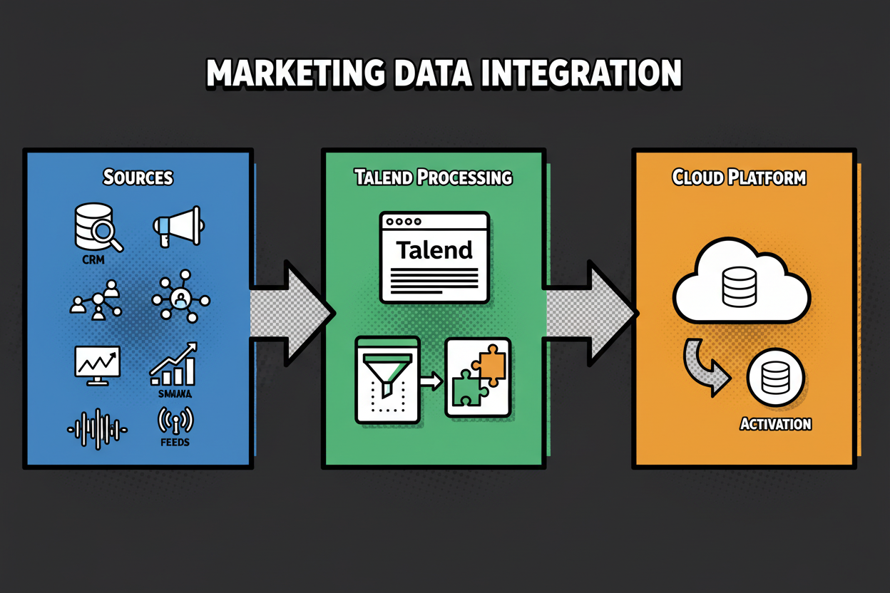 Flowchart of talend data integration for marketers: CRM, Ads, Social, Web Analytics, and d4t4 signal feeds flow into Talend jobs with data quality and identity resolution steps, landing in a cloud marketing data platform and activating audiences