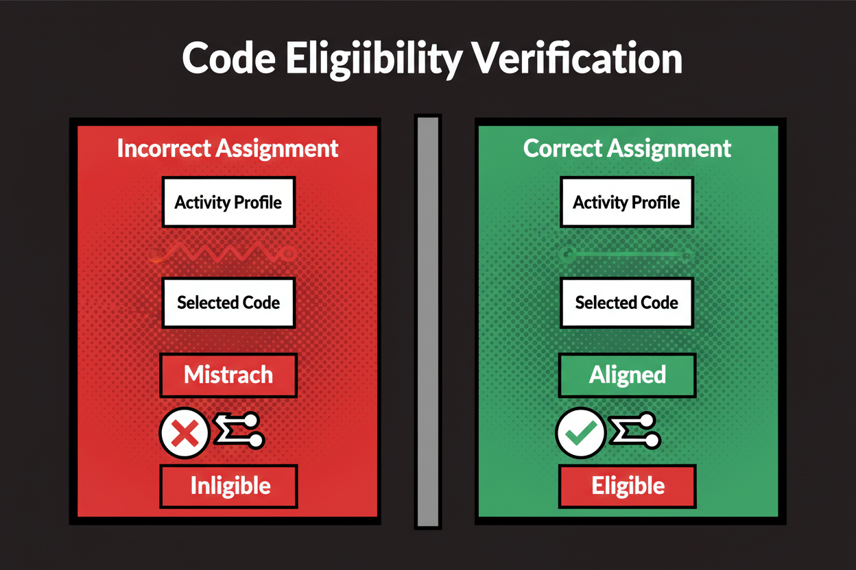 Split panel: Left 'Incorrect code' shows size standard mismatch and “ineligible”; Right 'Correct code' shows aligned primary activity and “eligible” badge