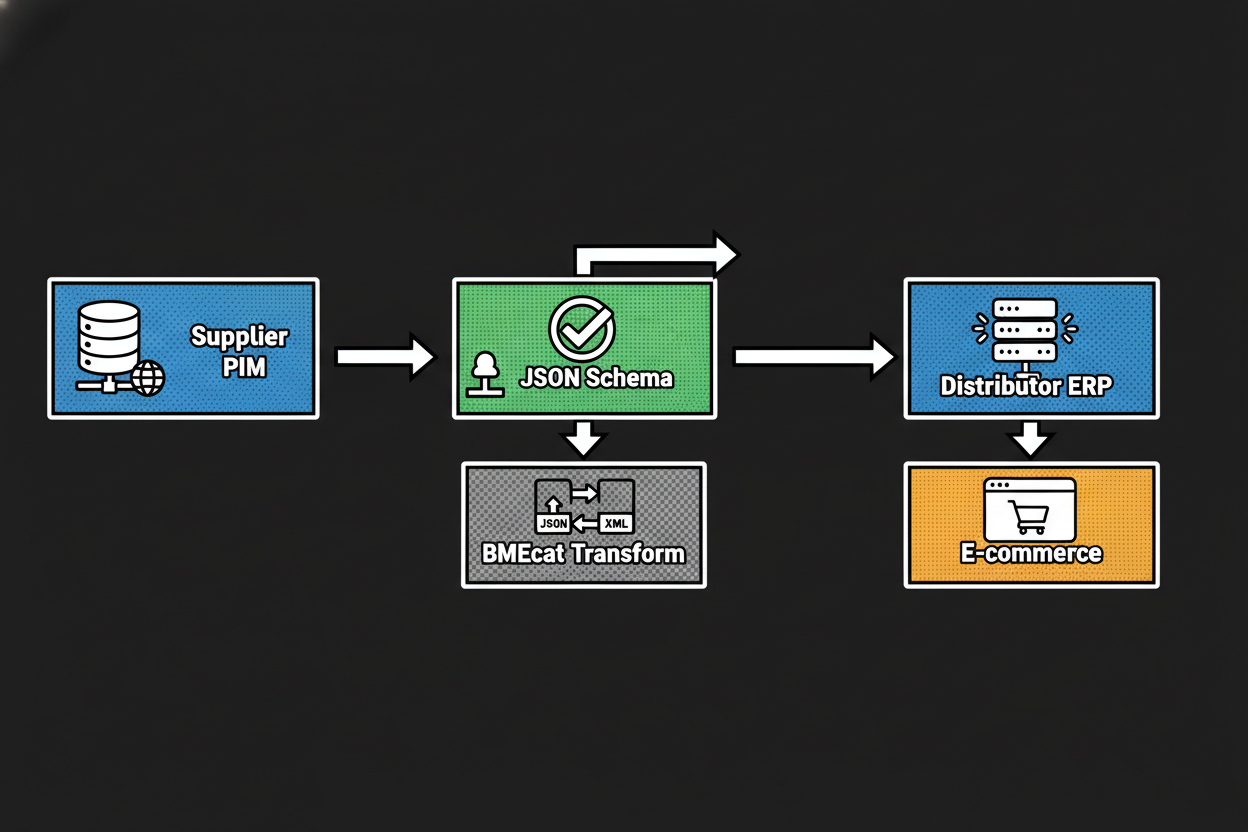 Pipeline diagram: Supplier PIM exporting ETIM xChange JSON through a validation gate