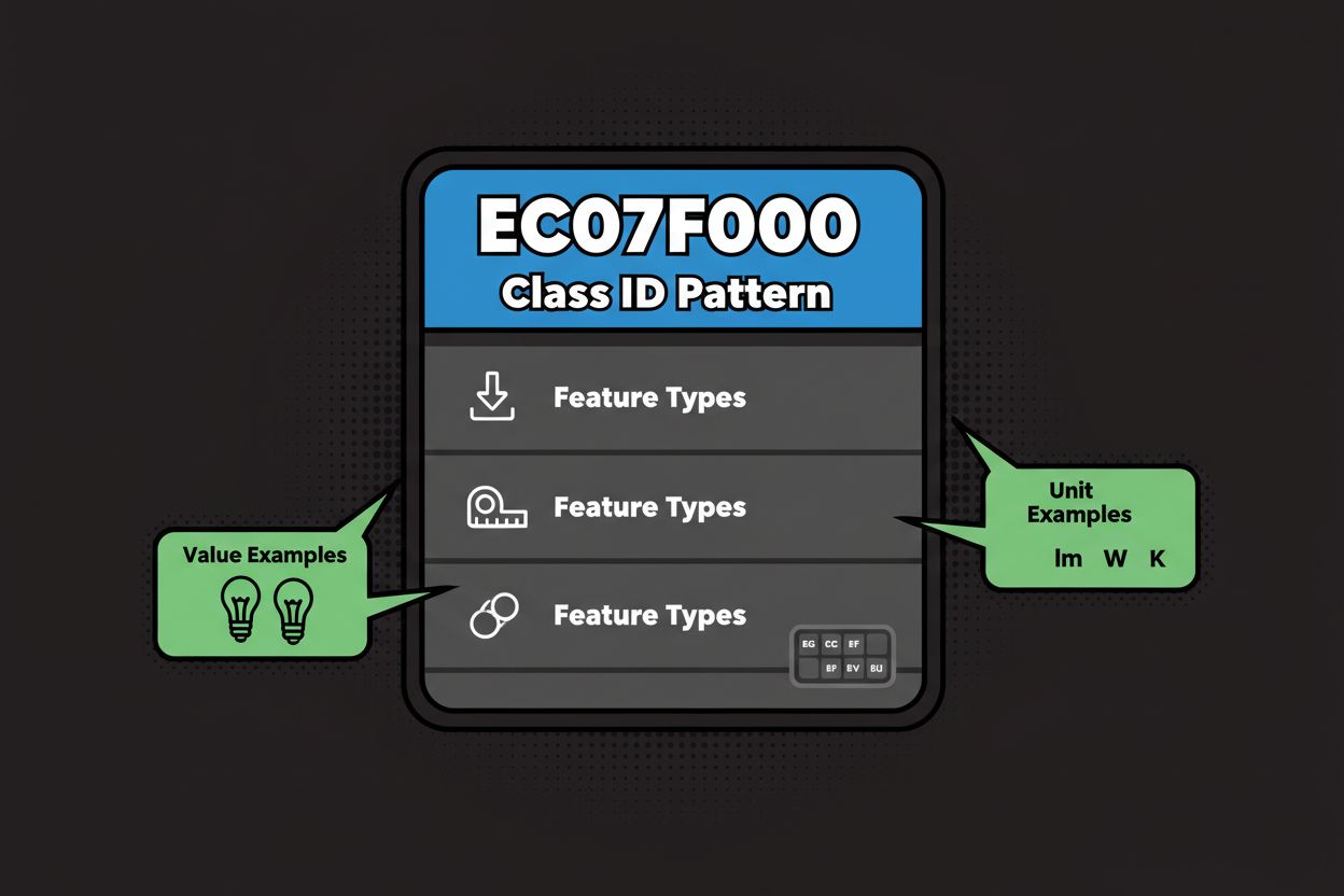 Zoomed card of a single ETIM class showing Class ID, Features, and Units
