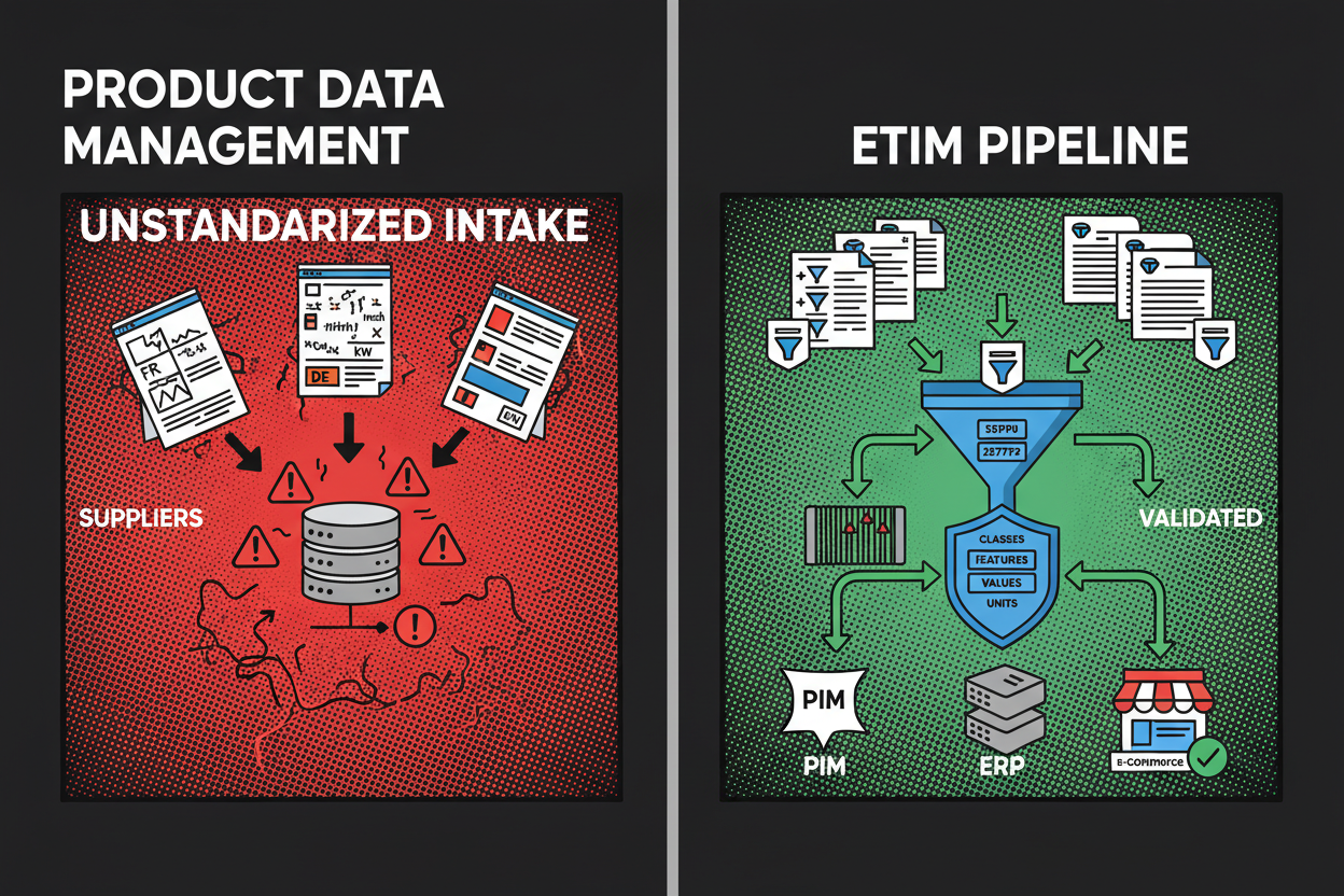 Split-screen scene: left shows messy spreadsheets from different suppliers; right shows a clean pipeline where supplier feeds are classified by ETIM flowing into PIM/ERP