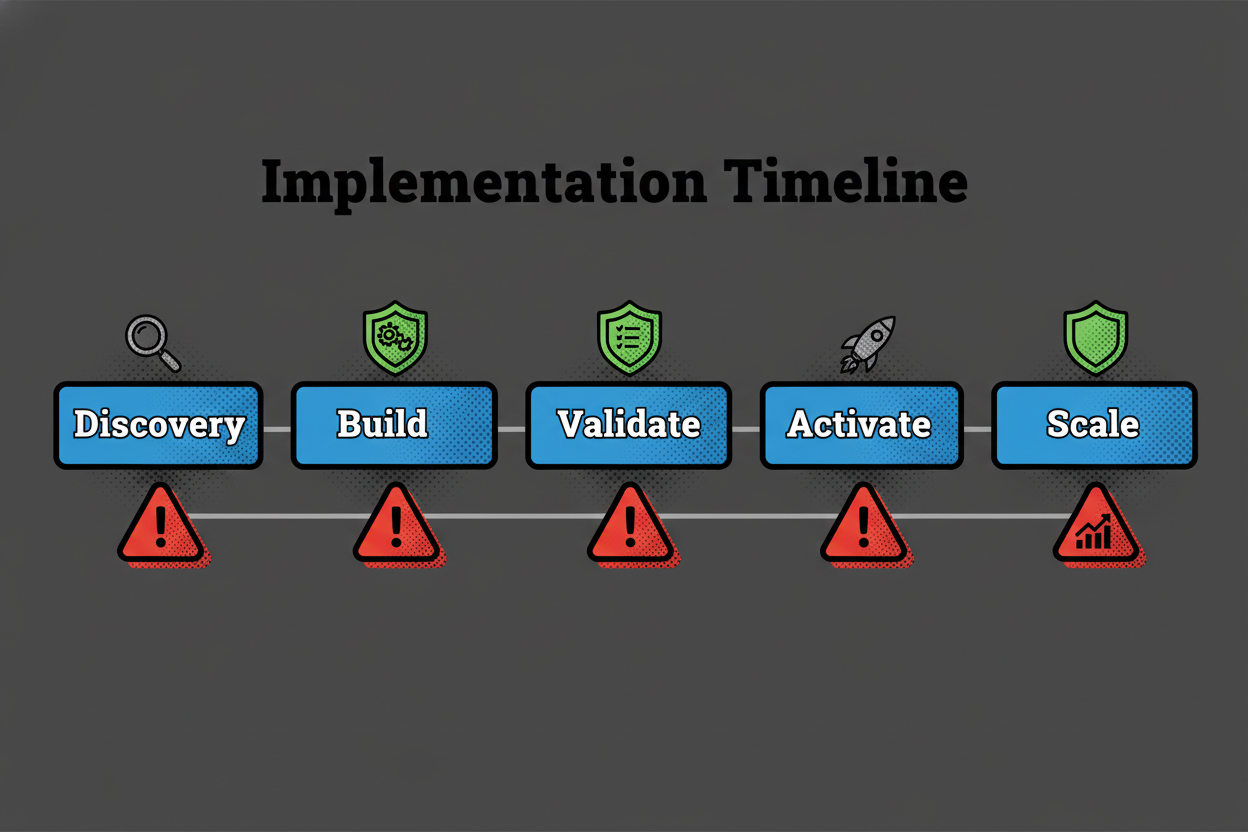 Horizontal timeline showing typical implementation phases (Discovery, Build/Integrate, Validate, Activate, Scale) with red hazard icons over common pitfalls (unclear ownership, missing identity keys, under-scoped governance, over-customization) and green mitigation notes above each.