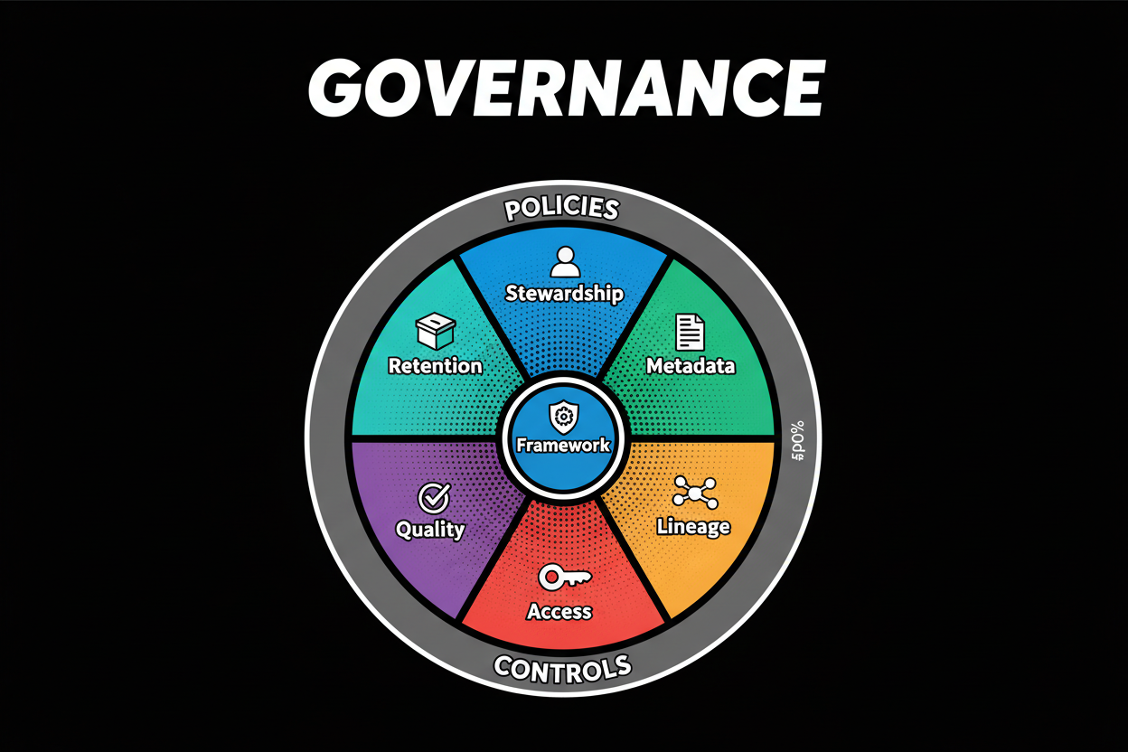 Framework wheel diagram with six wedges: Data Stewardship, Metadata & Catalog, Lineage & Observability, Access & Roles, Quality & SLAs, Retention & Minimization. A ring labeled Policies surrounds the wedges; an outer ring labeled Controls & Audits.
