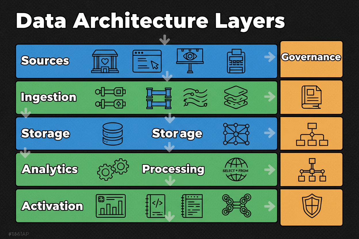 Layered architecture diagram: Data Sources (CRM, Web/App, Ads, POS), Ingestion (connectors, ETL/ELT, CDC, streaming), Storage (data lake/lakehouse), Processing (SQL/transform, dbt-like modeling, identity graph), Analytics (BI/ML notebooks), Activation (reverse ETL, CDP connectors, API), Governance (catalog, lineage, access control) as a cross-cutting layer.