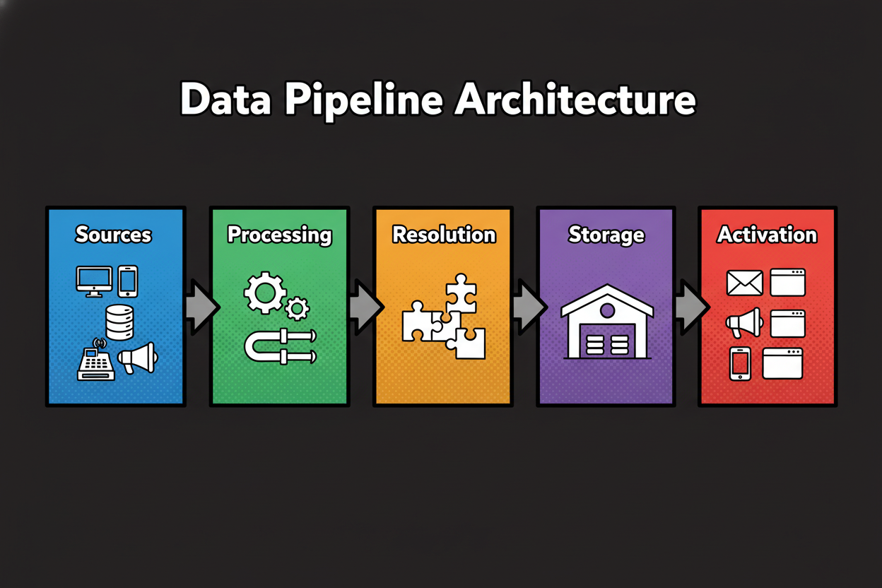 Horizontal pipeline diagram: left column shows data sources (web, app, CRM, ads, POS); arrows to ingestion and processing (ETL/ELT, event streaming); identity resolution and modeling block; storage/lakehouse; analytics and BI tools; activation to channels (email, ads, mobile, web). Icons emphasize flow.