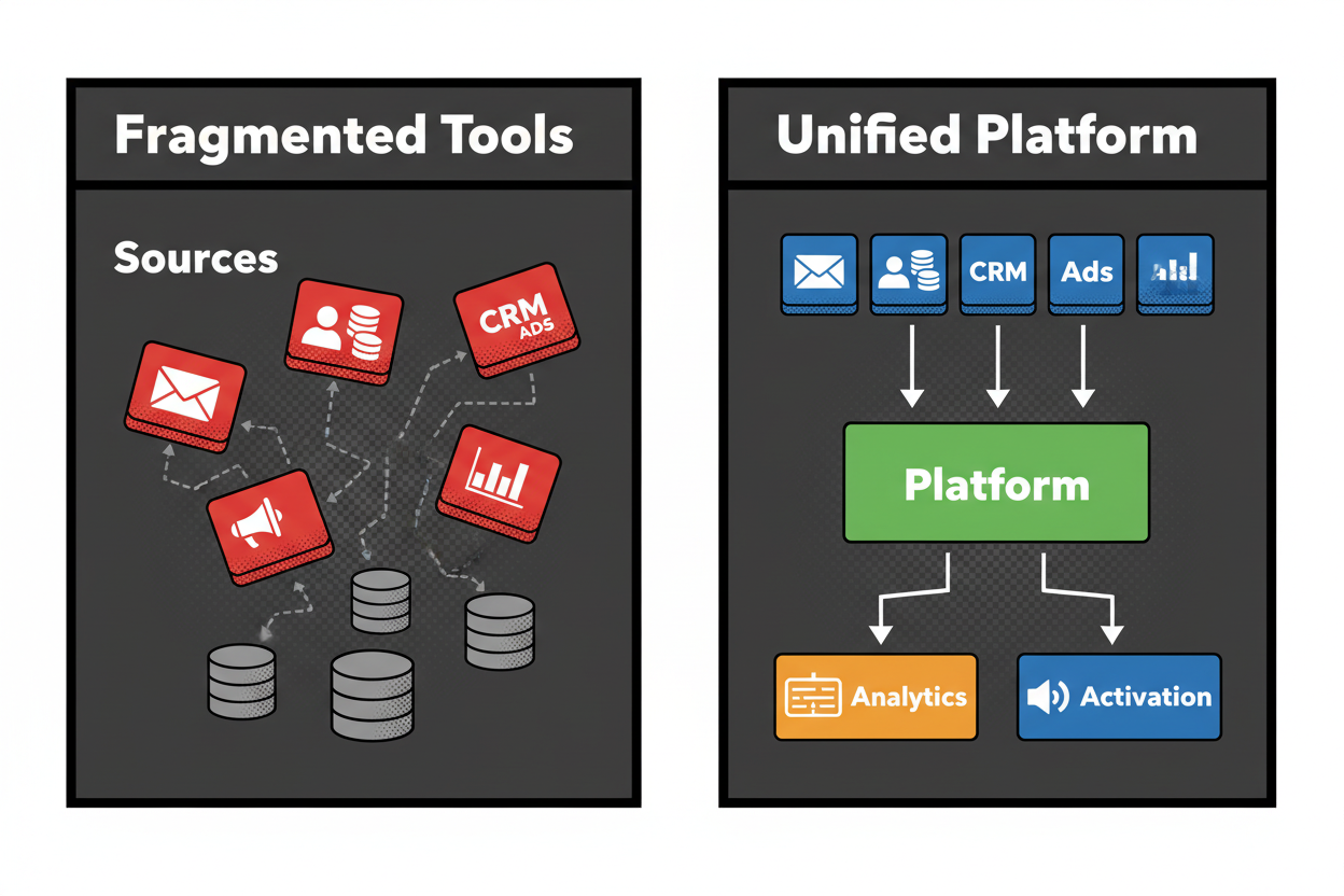 Side-by-side diagram: left shows multiple disconnected martech tools feeding separate data silos with broken lines; right shows the same tools flowing into a central marketing data platform with clean outbound lines to analytics and activation channels. Minimal labels: Sources, Platform, Analytics, Activation.