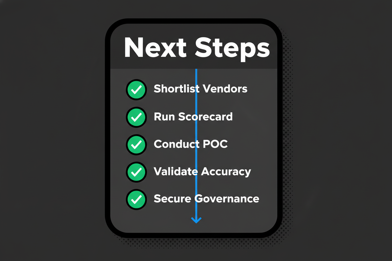 Minimal card-style visual with five checkmarks titled “Next Steps”: shortlist vendors, run scorecard, conduct POC, validate accuracy, and secure governance; clean layout with clear labels and a simple path icon.