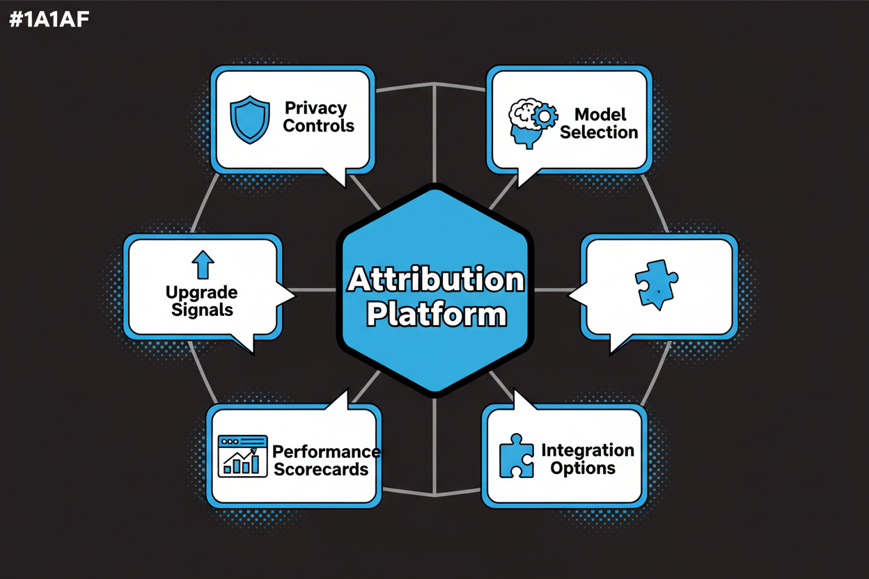 Cluster of speech bubbles around a central “Attribution Platform” node, with labeled bubbles for privacy, models, integrations, scorecards, and upgrade signals; clean icons, high-contrast lines; one bubble includes the phrase appsflyer attribution platform features to highlight a real buyer query.