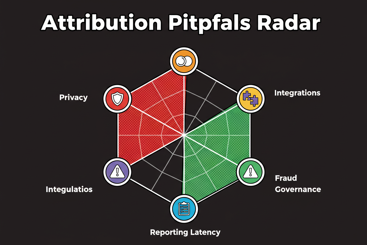 A labeled radar chart titled “Attribution Pitfalls Radar” with six axes (privacy, deduplication, integrations, reporting latency, fraud, governance); a red polygon shows high risk in privacy and dedup; a green overlay shows reduced risk after fixes; clear labels and icons supplement color for accessibility.
