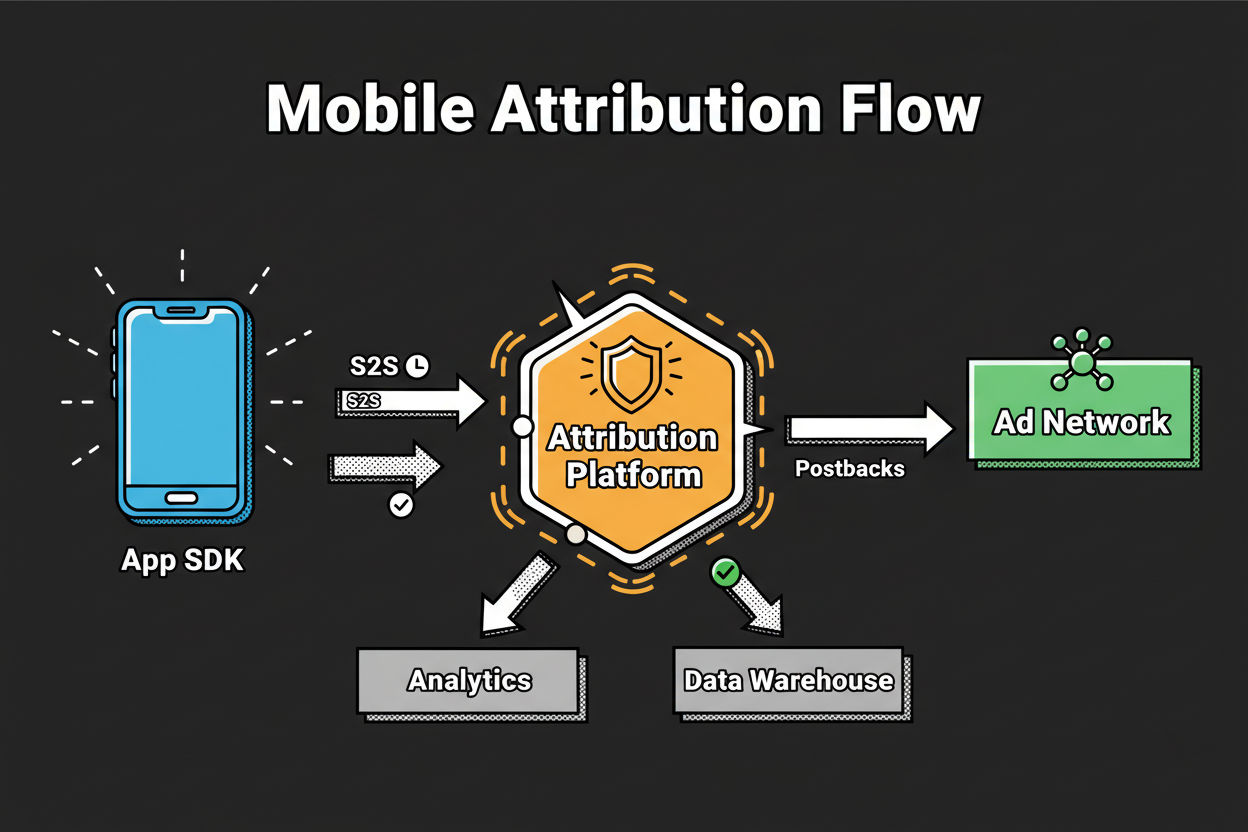 Diagram showing a mobile app (left) sending events via SDK and S2S to an attribution platform at center; the platform sends postbacks to Facebook Audience Network (right). Additional arrows flow to Analytics/CRM and a Data Warehouse. Labels note click-through and view-through windows, consent signals, and postback confirmations.