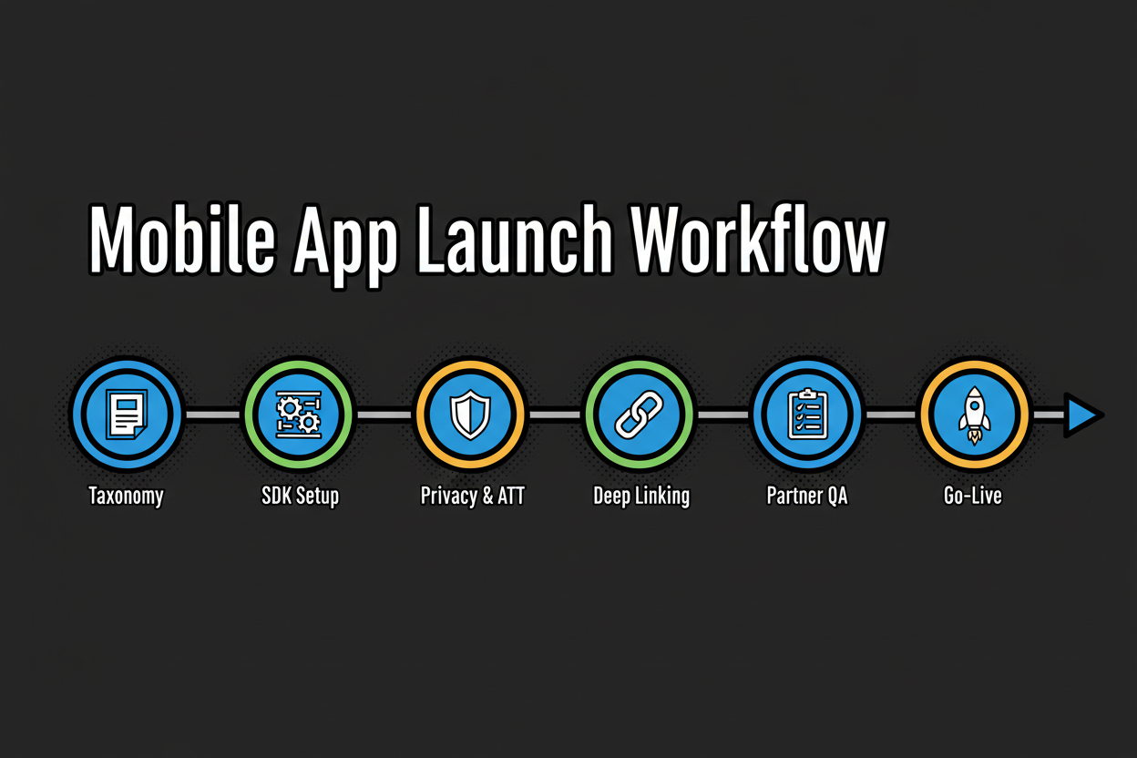 Roadmap-style timeline showing six labeled stages across a horizontal path: Plan taxonomy; SDK and S2S setup; Privacy and consent configuration with ATT and SKAN; Deep linking and routing; Partner postbacks and QA; Go-live and monitoring. Each stage is represented with simple icons and short labels.
