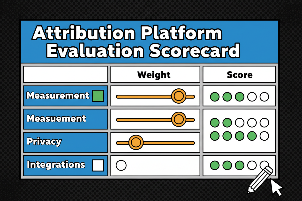 A stylized blank evaluation scorecard showing rows for criteria like measurement, privacy, integrations, and columns for weights and 1-5 scores; subtle sliders and checkboxes; labeled “attribution platform evaluation scorecard template”.