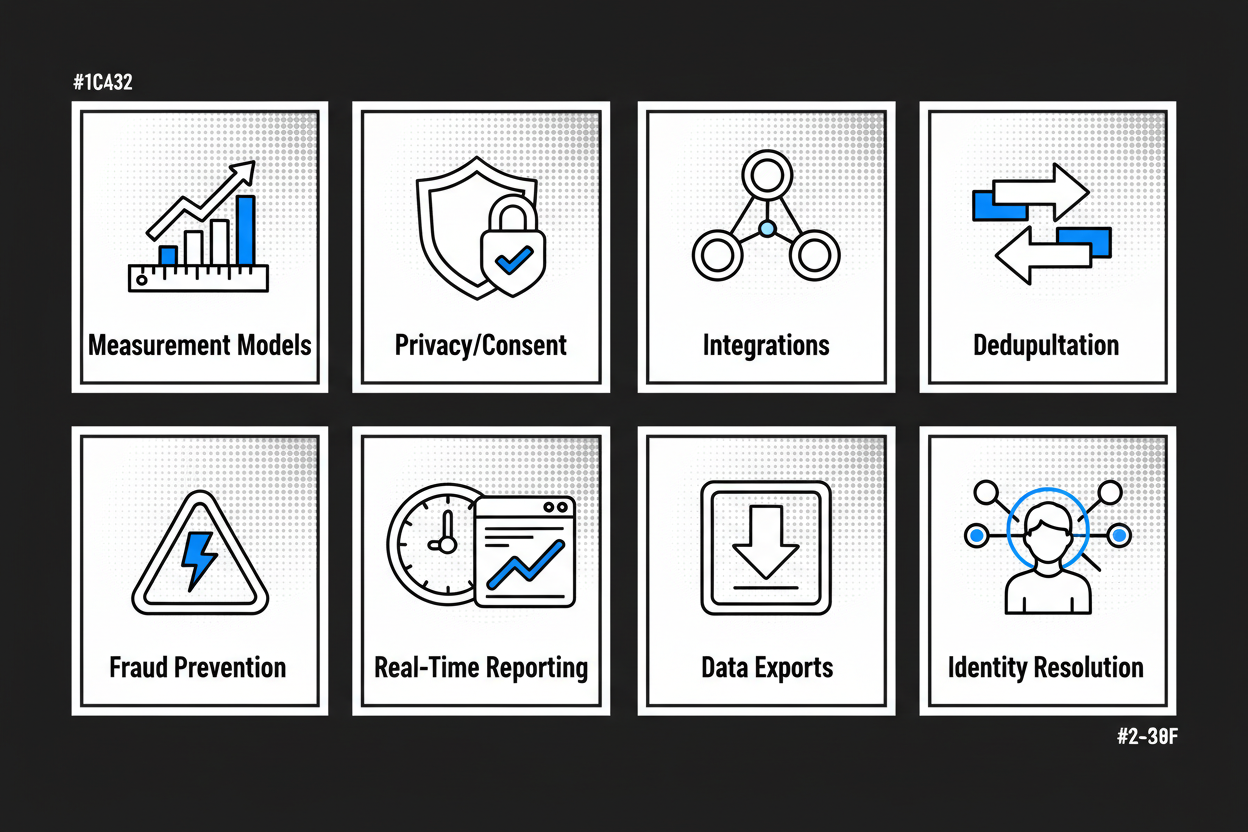 Grid of feature icons labeled: measurement models, privacy/consent, integrations, deduplication, fraud prevention, real-time reporting, data exports, identity resolution; simple monochrome icons with short labels under each.