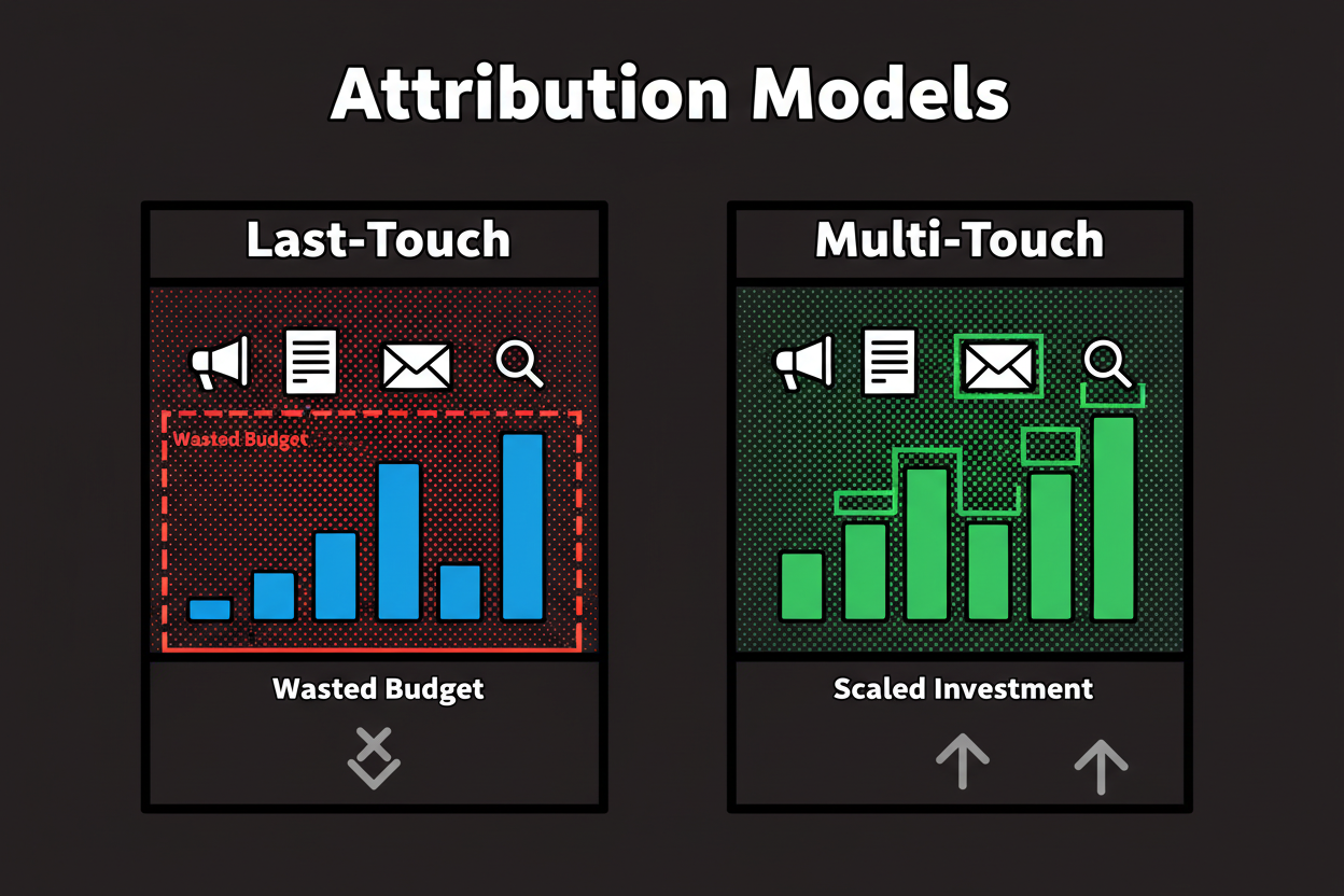 Two side-by-side bar charts: left shows spend skewed to last-click channels with a red highlight on wasted budget; right shows rebalanced spend after multi-touch attribution with green highlights on scaled top-of-funnel; minimal labels and clear contrasts.