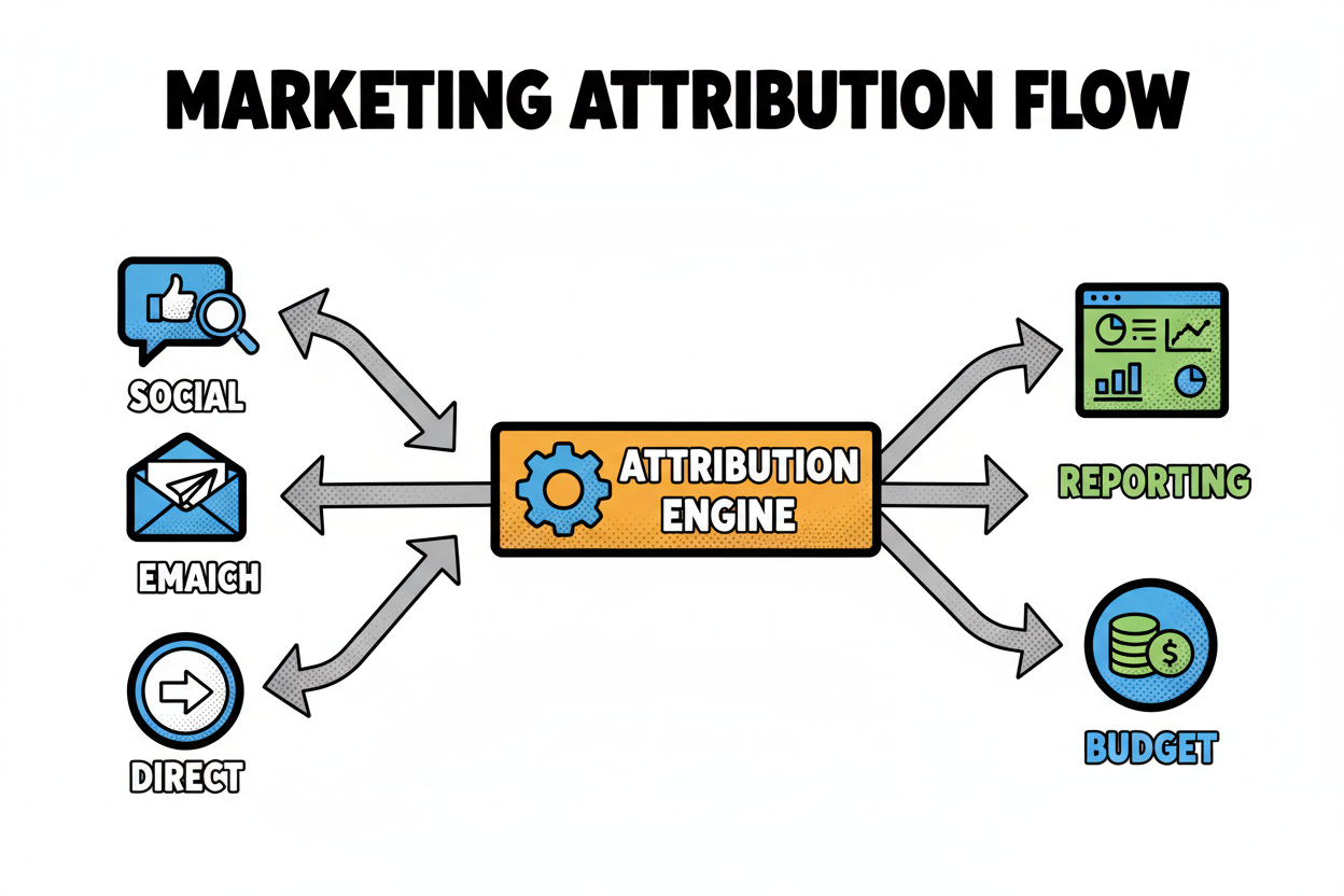 A clean flow chart showing a user journey across channels: social ad, search ad, email, and direct visit; arrows feed into an attribution engine box; outputs split into reporting & optimization and budget allocation; icons labeled clearly; visual emphasizes attribution platforms and marketing attribution.