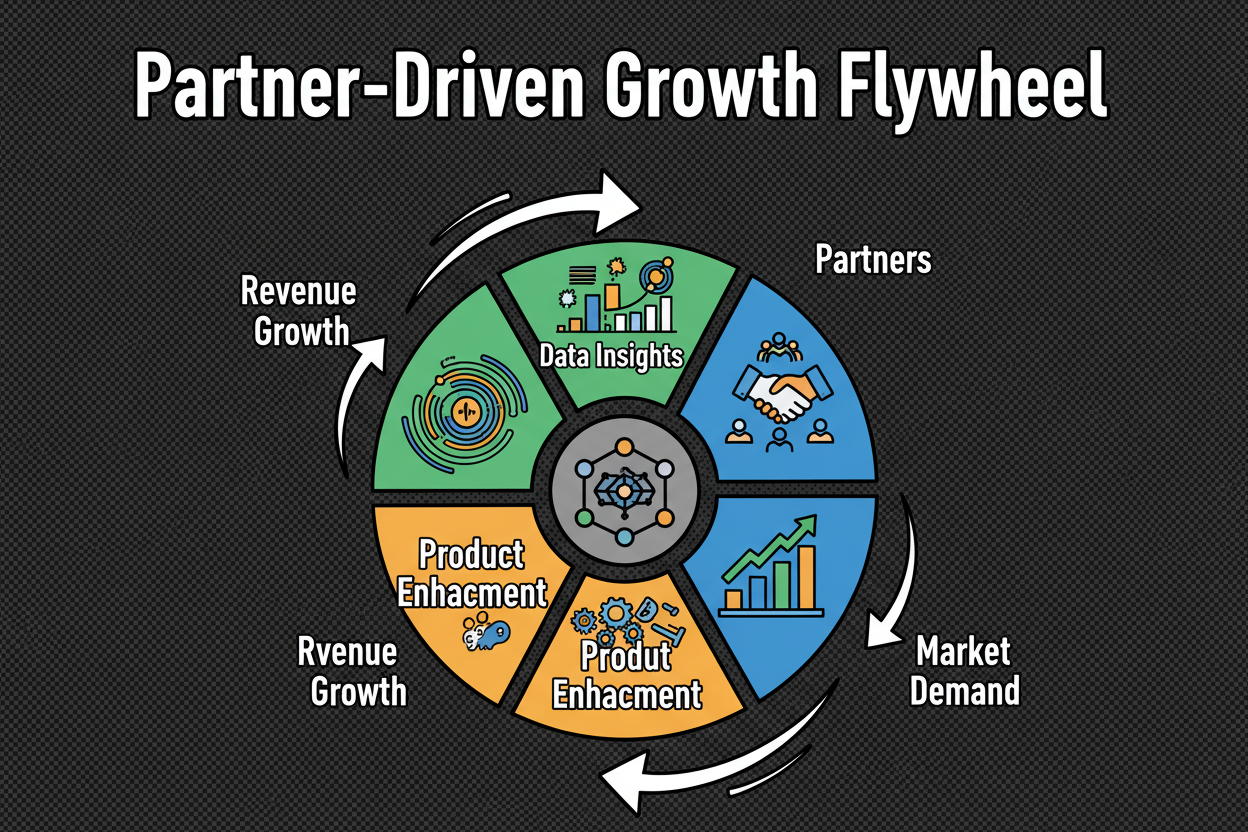 Circular flywheel showing partner acquisition leading to better data, improved performance, more demand, additional partners, and compounding revenue