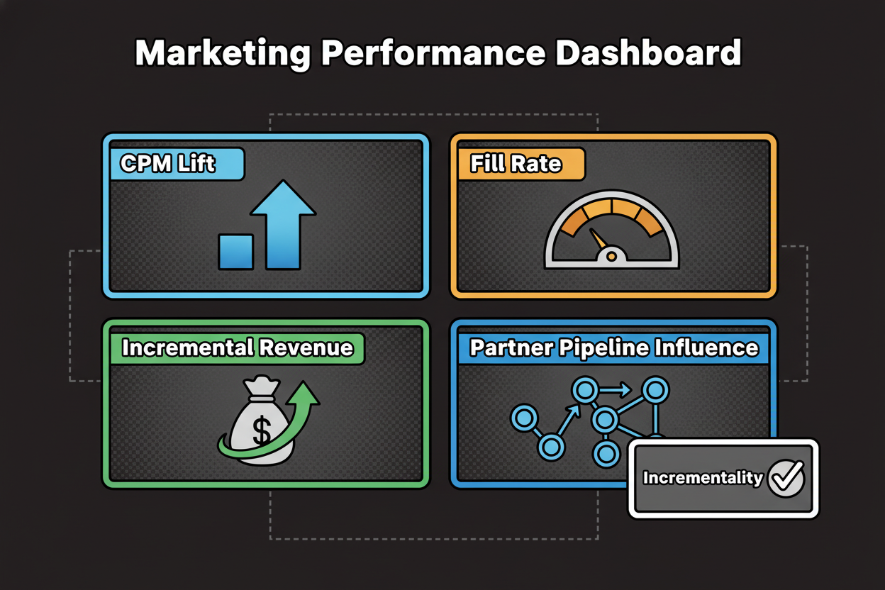 Dashboard showing CPM lift, fill rate, incremental revenue, partner pipeline influence, and a small incrementality panel