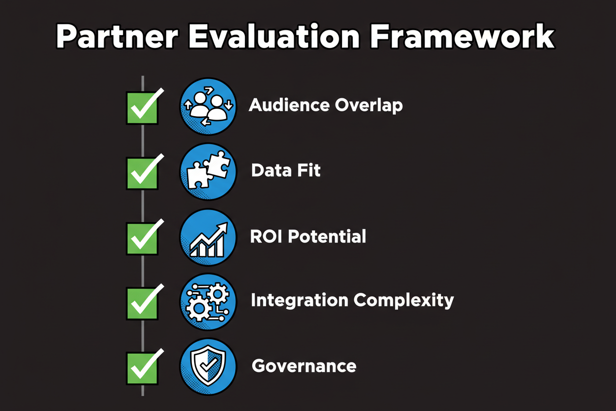 Checklist graphic listing criteria such as audience overlap, data fit, ROI potential, integration complexity, and governance for partner evaluation