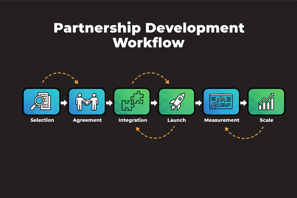 Workflow with stages for partner selection, agreement, integration, launch, measurement, and scale, with feedback arrows