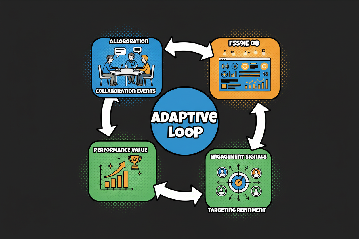 Loop diagram showing collaboration events producing engagement signals that feed targeting, improving ad performance and sponsorship value