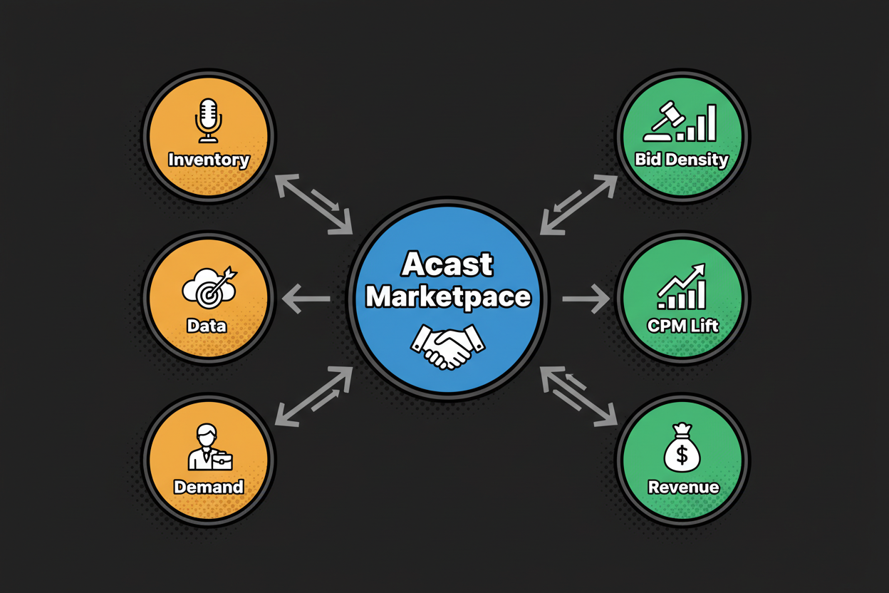 Acast at center with partner nodes for inventory, data, and demand feeding into an ad marketplace; outputs show bid density, CPM lift, and revenue