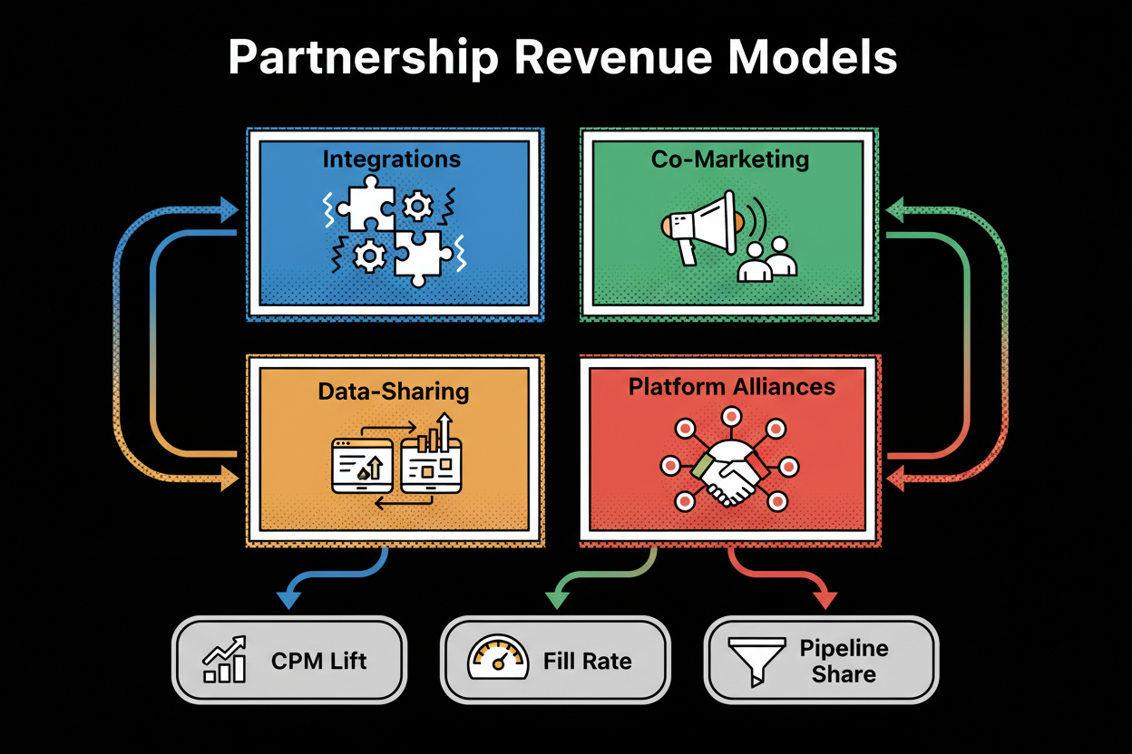 Diagram mapping four partnership models (integrations, co-marketing, data-sharing, platform alliances) to revenue outcomes like CPM lift, fill rate, and pipeline share