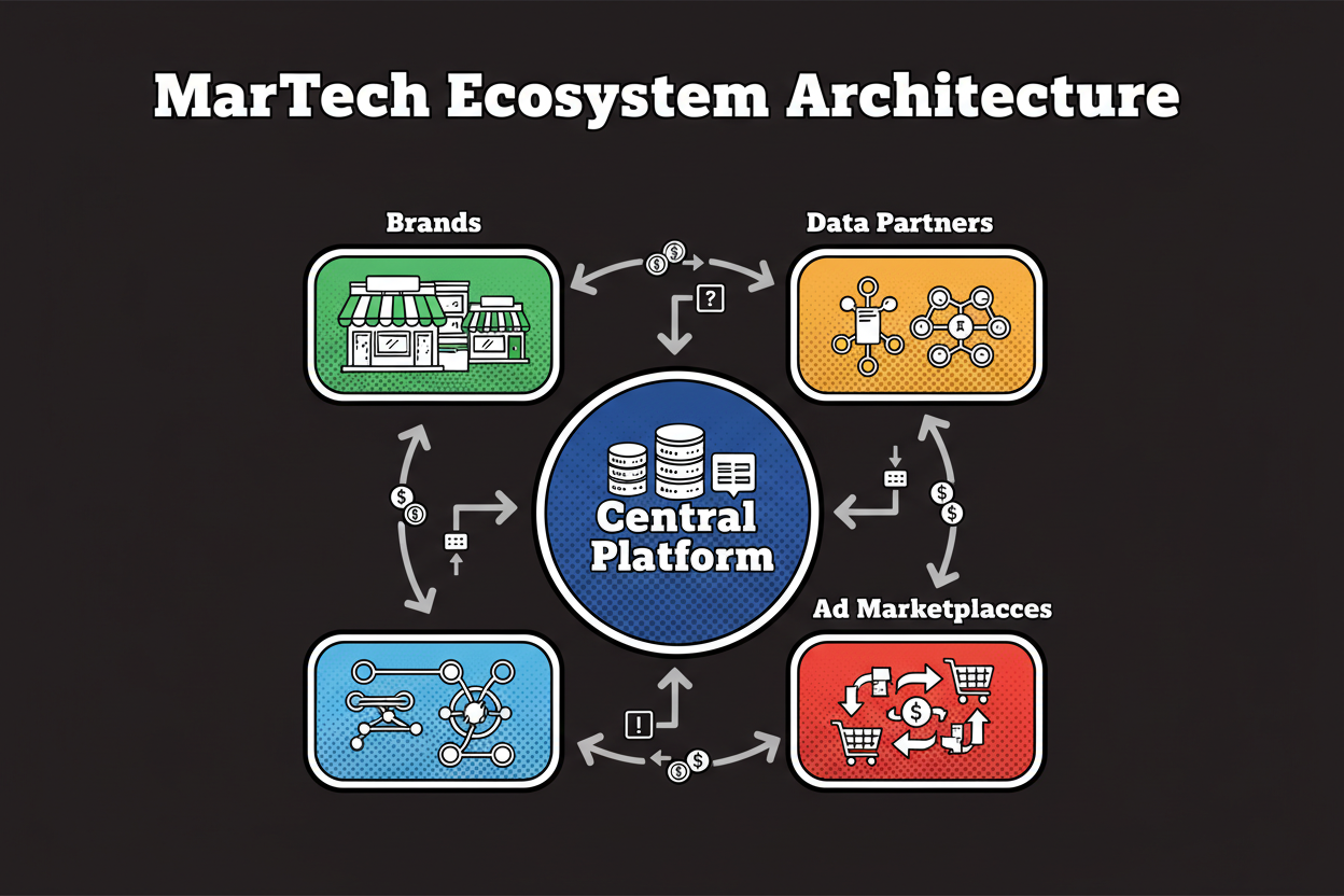 Illustration of brands, a central MarTech platform, data partners, and ad marketplaces connected with arrows showing data, demand, and revenue feedback loops