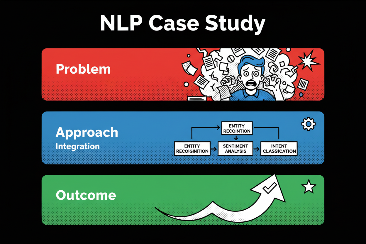 Case study card layout showing problem, approach (NLP integration), and outcome metrics with icons