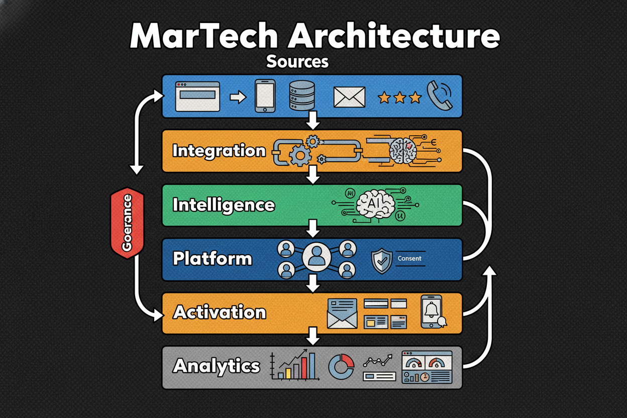 Layered MarTech architecture: data sources (web/app, CRM, social, email replies, reviews, call center) -> integration/orchestration (e.g., Talend) -> NLP services (APIs or hosted models for sentiment, entities, topics, intent, summarization) -> marketing data platform/CDP with identity and consent -> activation (ESP, ads, CMS/personalization, mobile push) -> analytics/monitoring, with governance across and feedback loops for retraining