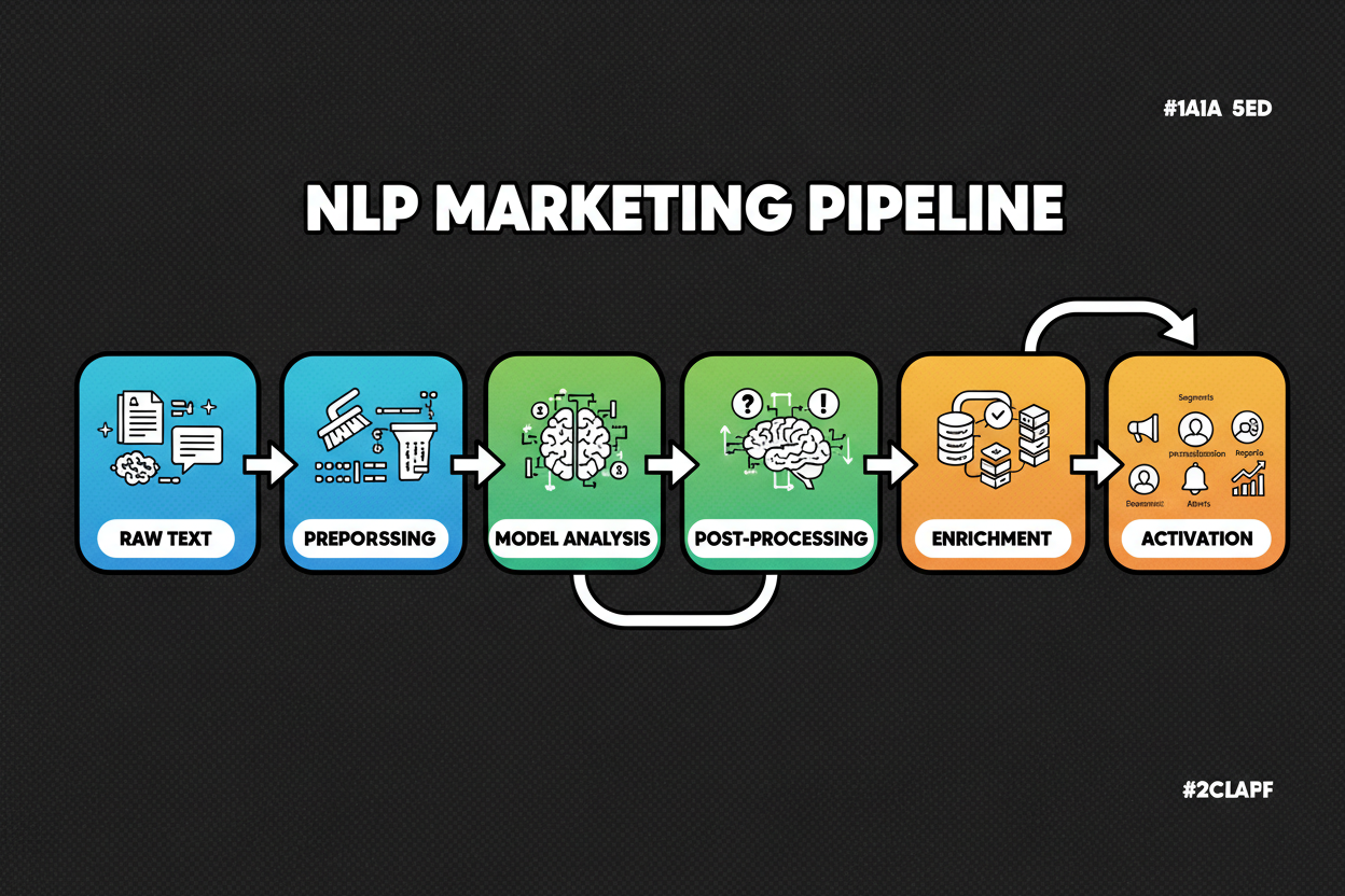Left-to-right flowchart of NLP in marketing: raw text inputs -> preprocessing (cleaning, tokenization, PII redaction) -> model layer (sentiment, entity recognition, topic modeling, intent) -> post-processing (confidence, taxonomy mapping) -> enrichment store (customer attributes/events) -> activation (segmentation, personalization, alerts, reporting) -> feedback loop for model improvement