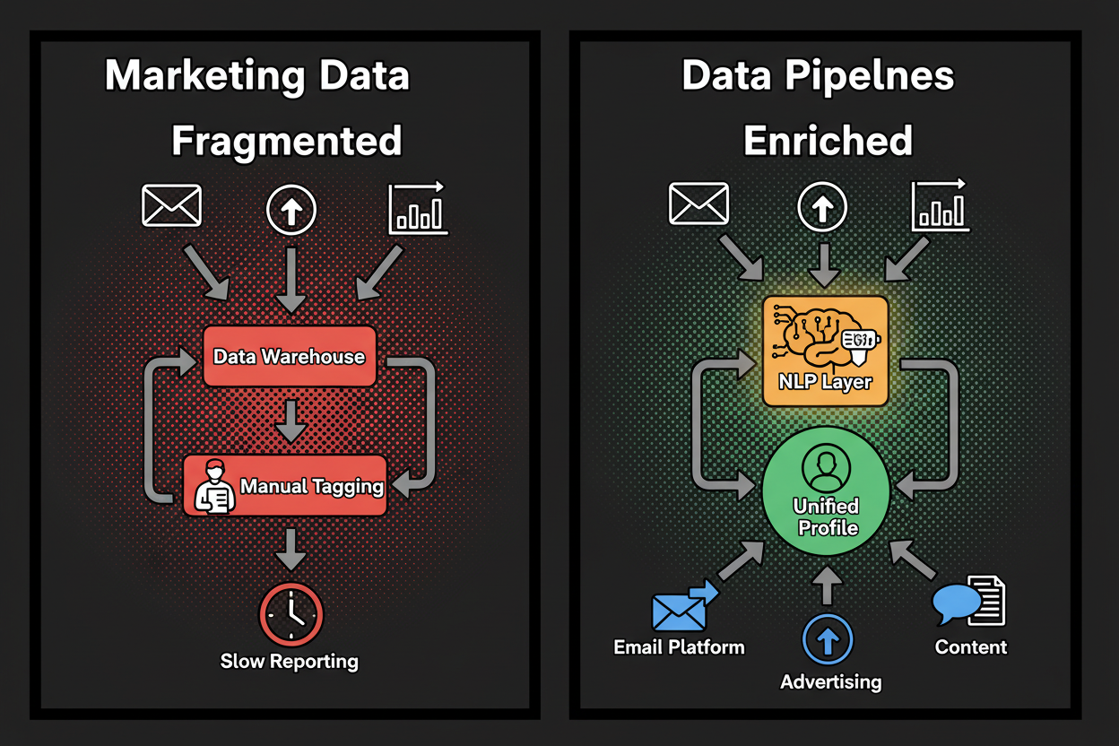 Side-by-side marketing data pipelines: left shows fragmented sources feeding a warehouse with manual tagging and slow reporting; right shows the same sources feeding an NLP enrichment layer (sentiment, entities, topics, intent) that updates a unified profile in the marketing data platform and activates ESP, ads, and CMS with richer signals