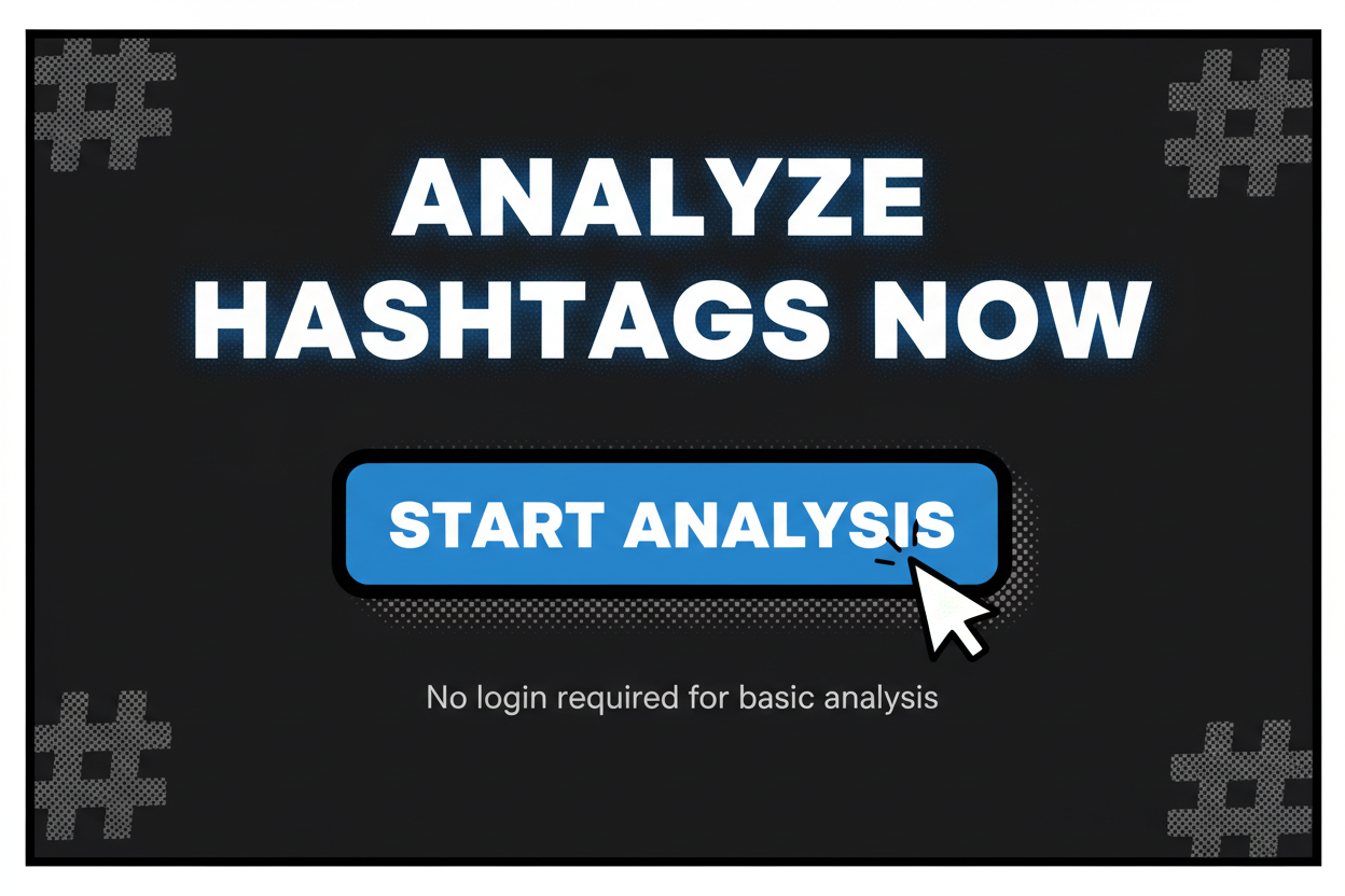 Full-width CTA block with bold headline “Analyze Hashtags Now”, a prominent button, small subtext “No login required for basic analysis”